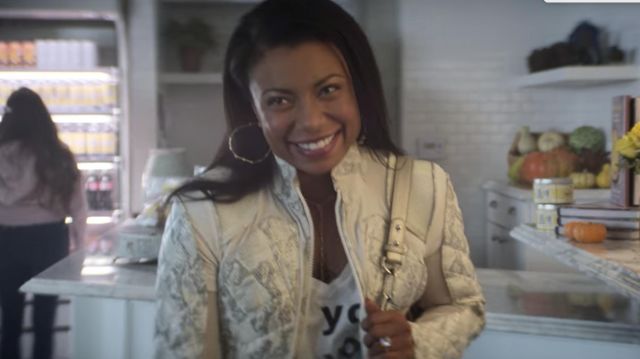 Blanc Noir Snakeskin Print Quilted Leather & Mesh Moto Jacket worn by Sherry (Shalita Grant) as seen in You TV series wardrobe (S03E01)