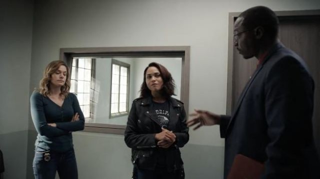AllSaints Lexi cropped leather biker jacket worn by Jackie Quiñones (Monica Raymund) as seen in Hightown TV series outfits (S02E02)