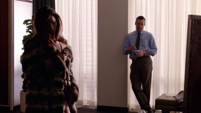 Empress Chinchilla long fur length coat worn by Cindy (Rainey Qualley) as seen in Mad Men TV show wardrobe (S07E08)