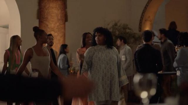 Gucci GG embroidered denim dress with lace of Kelli Prenny (Natasha Rothwell) as seen in Insecure TV series outfits (Season 5 Episode 1)