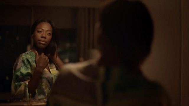 Versace baroque-print silk robe worn by Molly Carter (Yvonne Orji) as seen in Insecure TV series outfits (Season 5 Episode 1)