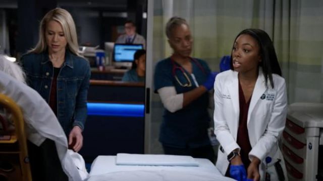 L'Agence Celine Slim Fit Distressed Denim Jacket worn by Dr. Stevie Hammer (Kristen Hager) as seen in Chicago Med TV series outfits (Season 7 Episode 6)