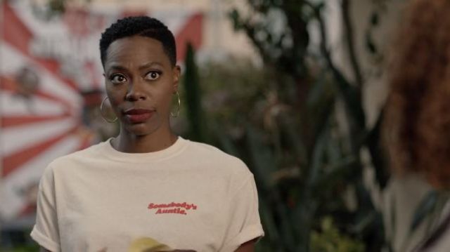 "Somebody's Auntie" t-shirt worn by Molly Carter (Yvonne Orji) as seen in Insecure TV series wardrobe (S05E02)