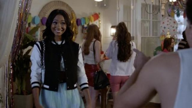 Alice and Olivia Keri Varsity Jacket in black and white worn by Layla Keating (Greta Onieogou) as seen in All American Tv series outfits (S04E02)