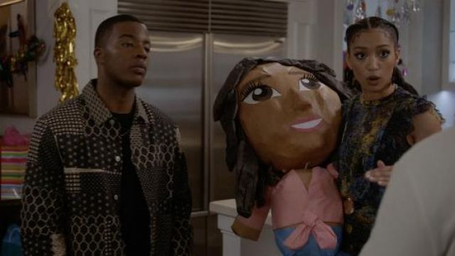 Scotch & Soda Patchwork Print Cotton & Linen Jacket worn by Spencer James (Daniel Ezra) as seen in All American TV series wardrobe (S04E02)