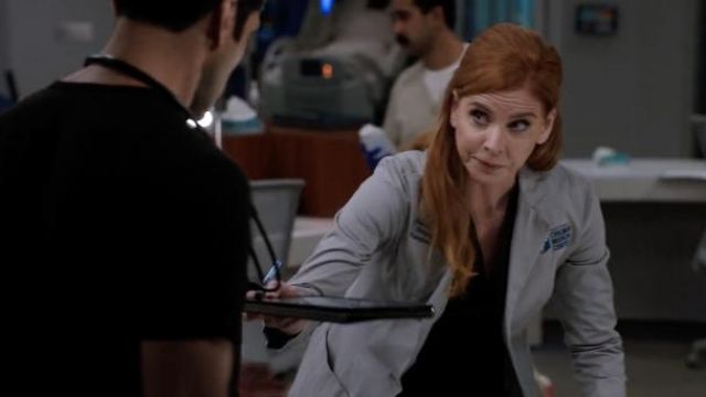 Elie Tahari Judith Blouse in black worn by Pamela Black (Sarah Rafferty) as seen in Chicago Med Tv show outfits (S07E07)
