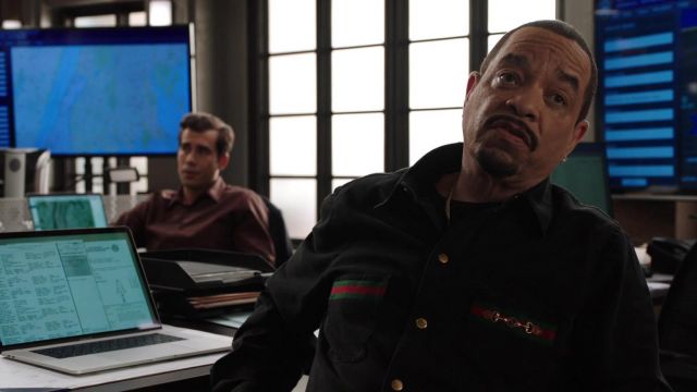 Gucci Web-detail denim shirt worn by Odafin Tutuola (Ice-T) as seen in Law & Order: Special Victims Unit TV series outfits (Season 23 Episode 7)