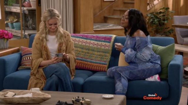 Free People Good Vibes Embroidered Kimono in yellow worn by Gemma (Beth Behrs) as seen in The Neighborhood TV show outfits (Season 4 Episode 7)