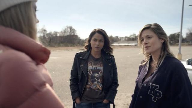 AllSaints Lexi cropped leather biker jacket worn by Jackie Quiñones (Monica Raymund) as seen in Hightown Tv series outfits (Season 2 Episode 4)
