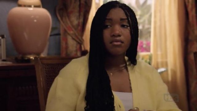 Topshop button front cardigan in lemon worn by Amira Birkeland (Taylor Mosby) as seen in The Last O.G. TV series outfits (Season 4 Episode 2)