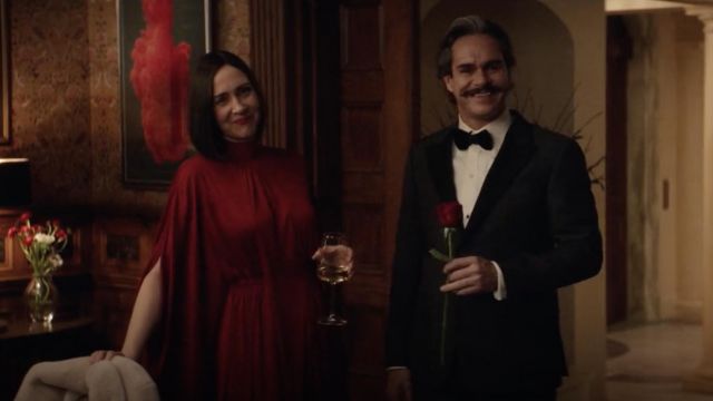 Valentino Cape Effect Jersey Grown Red dress worn by Eleanor Bishop (Vera Farmiga) as seen in Hawkeye TV series wardrobe (Season 1 Episode 1)
