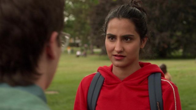Culpos x Inc Red hoodie worn by Bela (Amrit Kaur) as seen in The Sex Lives of College Girls Tv series wardrobe (Season 1 Episode 1)