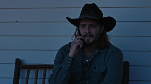 Wrangler denim shirt worn by Kayce Dutton (Luke Grimes) as seen in Yellowstone TV show wardrobe (Season 4 Episode 8)