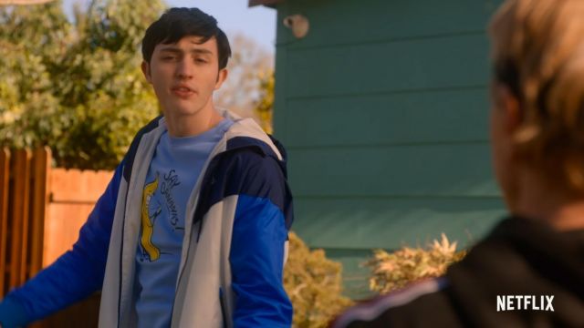 Say Bananas T-Shirt in blue worn by Demetri (Gianni DeCenzo) in Cobra Kai TV show wardrobe (Season 4 Episode 1)