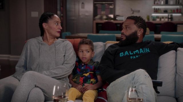 Balmain flocked logo cotton sweatshirt worn by Andre 'Dre' Johnson (Anthony Anderson) as seen in black-ish TV show (S08E01)