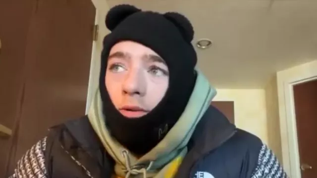 Bear Balaclava Beanie worn by Angus Cloud in Angus Cloud interview for EUPHORIA Season 2 - talking Jacob Elordi, Zendaya, Marcell Rev, Fezco name YouTube Video