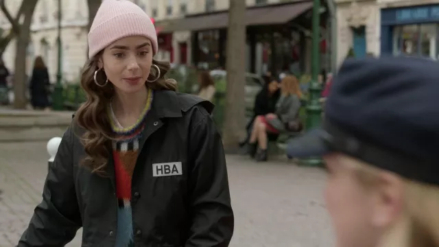 Hood By Air Logo Print Cropped Jacket worn by Emily Cooper (Lily Collins)  as seen in Emily in Paris TV show wardrobe (Season 1 Episode 8) | Spotern