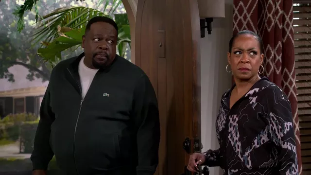 Lacoste Zip Bomber jacket worn by Calvin (Cedric the Entertainer) as seen in The Neighborhood TV show (S04E12)