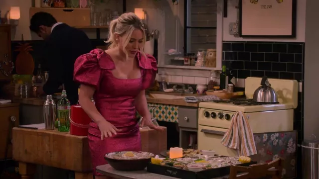 Rebecca Vallance Brillare lamé mini dress in pink worn by Sophie (Hilary Duff) as seen in How I Met Your Father outfits (S01E04)