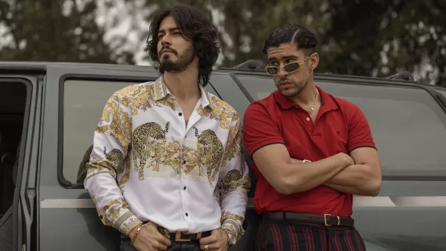 Gianni Versace Golden Print Shirt worn by Ramon Arellano Felix (Manuel Masalva) in Narcos: Mexico (Season 3 Episode 5)