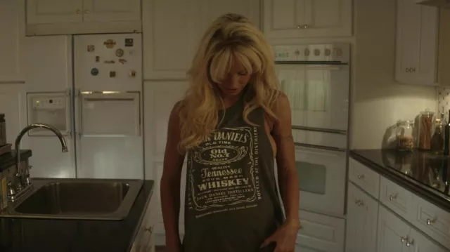 Jack Daniel's Old No. 7 Tennessee Whiskey Tank Top worn by Pamela Anderson (Lily James) as seen in Pam & Tommy (S01E01)