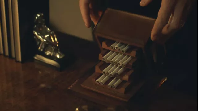 Cigarettes Vintage Wooden box on the desk of Thomas Shelby (Cillian Murphy) as seen in Peaky Blinders TV show wardrobe (Season 3 Episode 3)