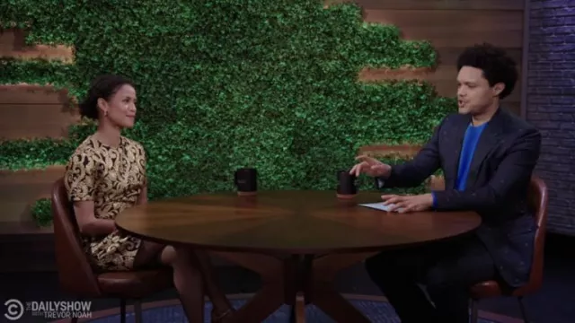 The Vampire's Wife Gold printed dress worn by Gugu Mbatha-Raw as seen in The Daily Show with Trevor Noah on February 3rd, 2022