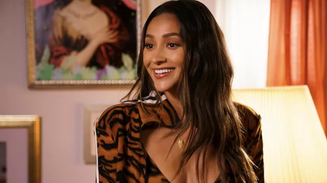 Norma Kamali Leopard Print Jumpsuit worn by Stella Cole (Shay Mitchell) as seen in Dollface Tv series outfits (Season 2 Episode 1)