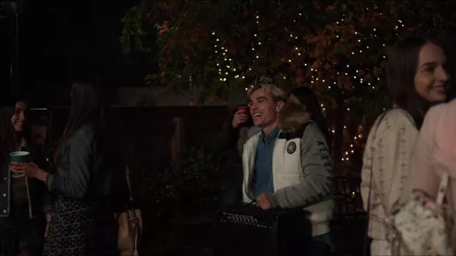 Aeropostale puffer jacket worn by Xavier (Dave Franco) as seen in The Afterparty TV show wardrobe (Season 1 Episode 5)
