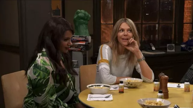 Alice + Olivia Palm print blouse worn by Cindy (Mindy Kaling) in It's Always Sunny in Philadelphia TV series (Season 13 Episode 1)