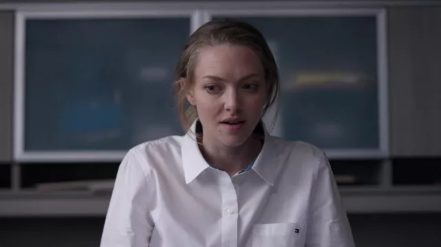 Tommy Hilfiger White Button Shirt worn by Elizabeth Holmes (Amanda Seyfried) as seen in The Dropout Wardrobe (Season 1 Episode 3)