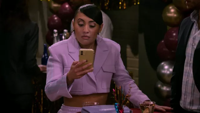 Adidas x Ivy Park Cropped Suit Jacket in lilac pink worn by Valentina (Francia Raisa) as seen in How I Met Your Father (S01E08)
