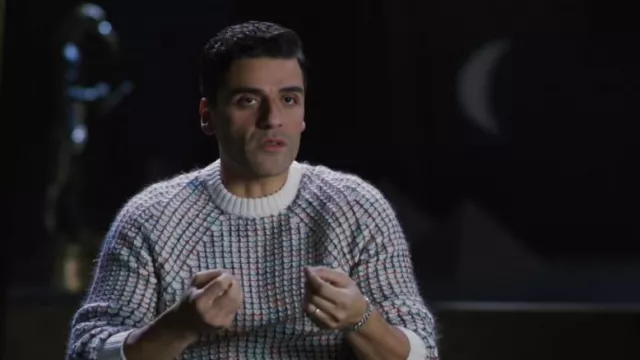 Salvatore Ferragamo contrasting-stitch detail jumper worn by Oscar Isaac as seen in Introducing Moon Knight Featurette | Marvel Studio' Moon Knight | Disney+ YouTube Video