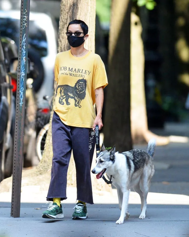 The jogging pants with skulls worn by Zoë Kravitz while walking her dog in New York 08/10/2020