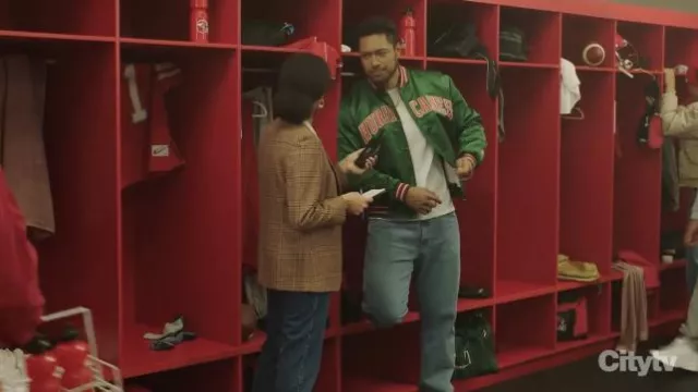 Green Miami "The U " Hurricanes Satin Bomber Jacket worn by Dwayne Johnson (Age 18-20) (Uli Latukefu) as seen in Young Rock TV series outfits (S02E01)