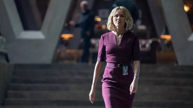 The burgundy Ted Baker dress worn by Jemma Wells (Naomi Watts) in the movie Boss Level