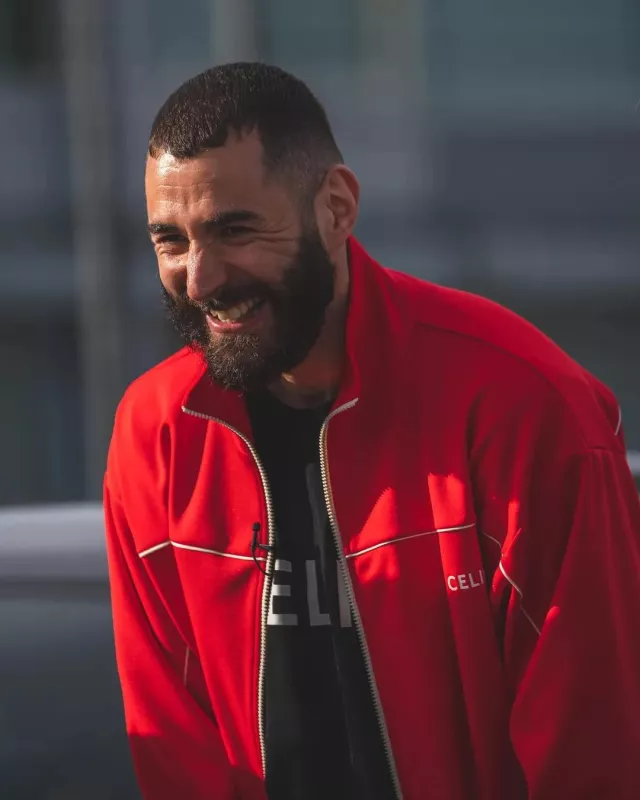 Celine Logo-Print Jersey Track Jacket in red worn by Karim Benzema on his Instagram account @karimbenzema