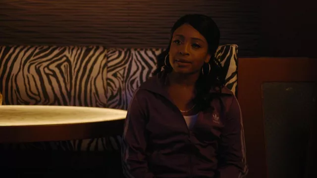 Adidas 3 Stripes Track Jacket in Purple worn by Dallas (Taylor Polidore) as seen in Snowfall TV show wardrobe (S05E06)