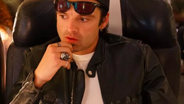 Slim Fit Distressed Leather Jacket worn by Tommy Lee (Sebastian Stan) in Pam & Tommy (Season 1 Episode 8)