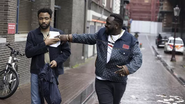 Gucci Eco organic denim jacket worn by Alfred 'Paper Boi' Miles (Brian Tyree Henry) as seen in Atlanta TV show (S03E02)