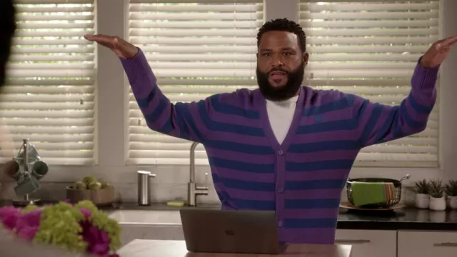 Acne Studios V-neck striped cardigan worn by Andre 'Dre' Johnson (Anthony Anderson) as seen in black-ish (S08E10)