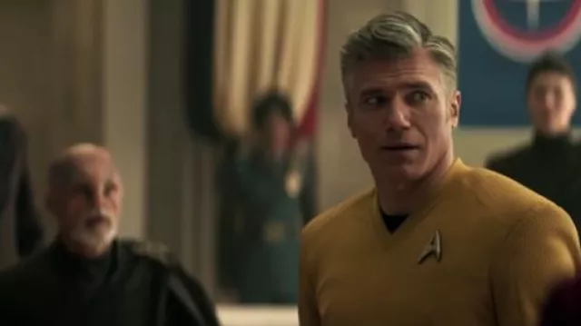 Starfleet Insignia Badge worn by Captain Christopher Pike (Anson Mount) as seen in Star Trek: Strange New Worlds TV series outfits (Season 1)