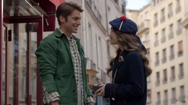 Lemaire Denim Overshirt Clover Green worn by Gabriel (Lucas Bravo) as seen in Emily in Paris TV series wardrobe (Season 1 Episode 10)