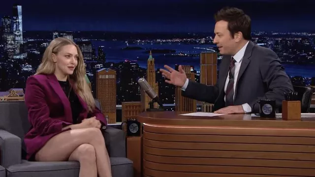 Zadig & Voltaire Velvet Purple Blazer Jacket worn by Amanda Seyfried as seen in The Tonight Show Starring Jimmy Fallon on April 5, 2022