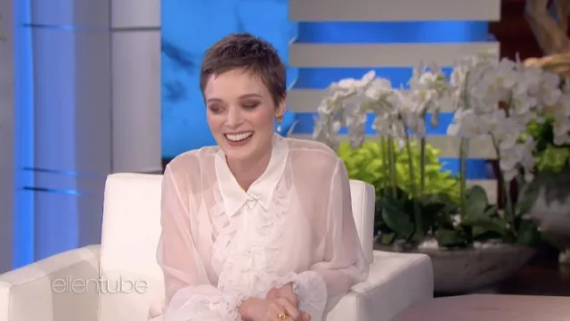 Alberta Ferretti White Transparent Ruffle Blouse Shirt worn by Bella Heathcote as seen in The Ellen DeGeneres Show