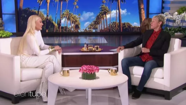 Philipp Plein Cowboy White Zip Heels Boots worn by Gwen Stefani as seen in The Ellen DeGeneres Show