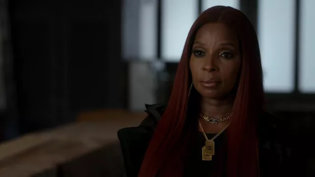 Chanel medal necklace in gold worn by Monet (Mary J. Blige) as seen in Power Book II: Ghost TV show wardrobe (Season 2 Episode 5)