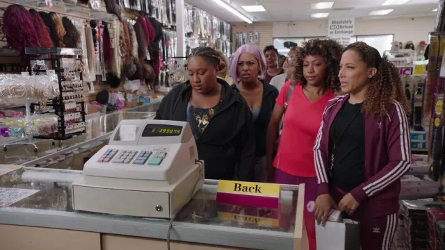 Adidas Originals adicolor three stripe track top in crimson worn by Various Characters (Robin Thede) as seen in A Black Lady Sketch Show (Season 3 Episode 1)