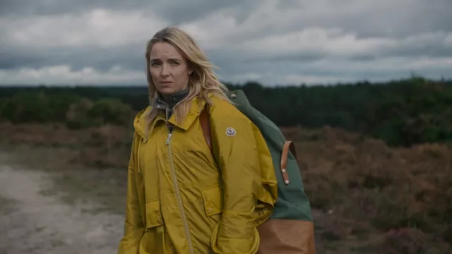 Moncler high-low rain coat in yellow worn by Villanelle (Jodie Comer) as seen in Killing Eve TV series (Season 4 Episode 8)