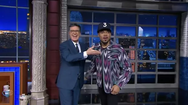 Isabel Marant Purple Leyis Printed Jacket worn by Chance The Rapper in The Late Show with Stephen Colbert on April 12, 2022